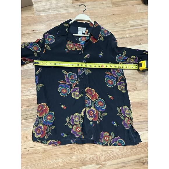 Coldwater Creek Silk Blouse Top Shirt Button Black Floral Medium Long Sleeve - Picture 7 of 10